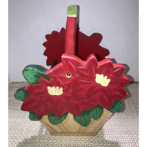 Christmas Holiday Poinsettia Wooden Basket Festive Seasonal Decor